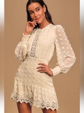 Lulus Lust or Love Cream Embroidered Lace Long Sleeve Dress - Medium